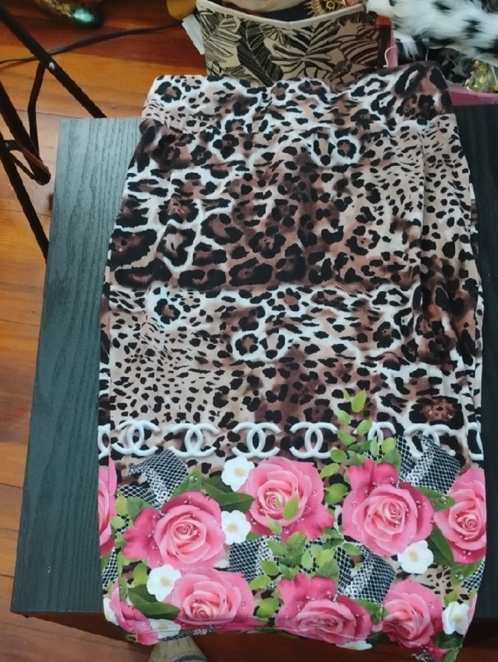 Leopard Print Pencil Skirt with Pink Rose Border